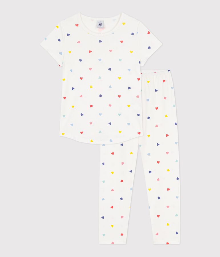 Kurz&auml;rmeliger Kinder-Pyjama mit langer Hose aus Baumwolle mit Herzmotiv weiss MARSHMALLOW/weiss MULTICO