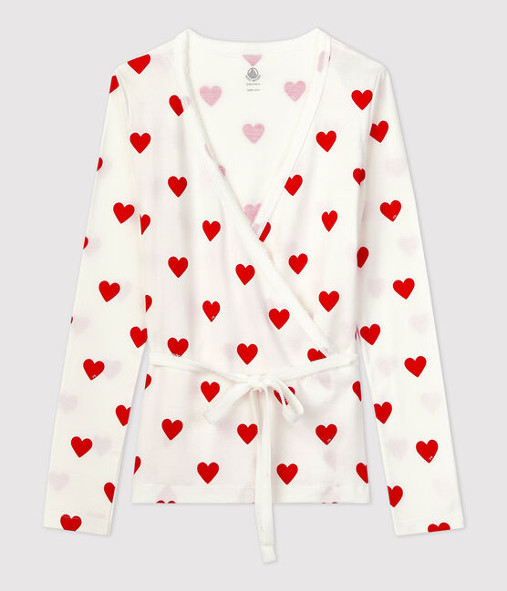 Wickel-Cardigan aus Bio-Baumwolle Damen weiss MARSHMALLOW/rot TERKUIT