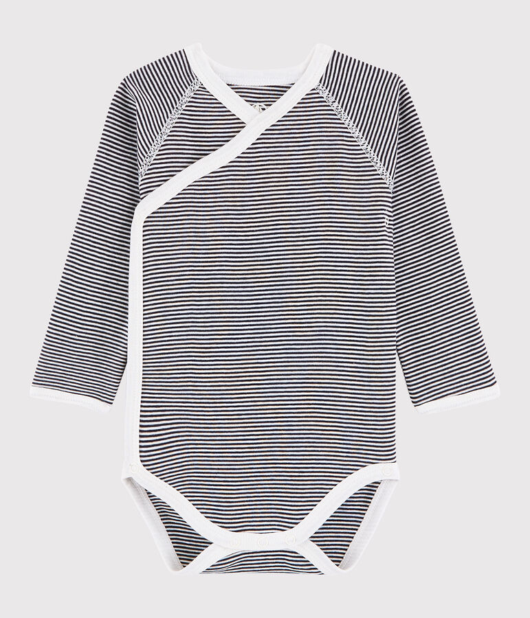 Lang&auml;rmeliger Baby-Body in Wickelform M&auml;dchen/Jungen blau/weiss
