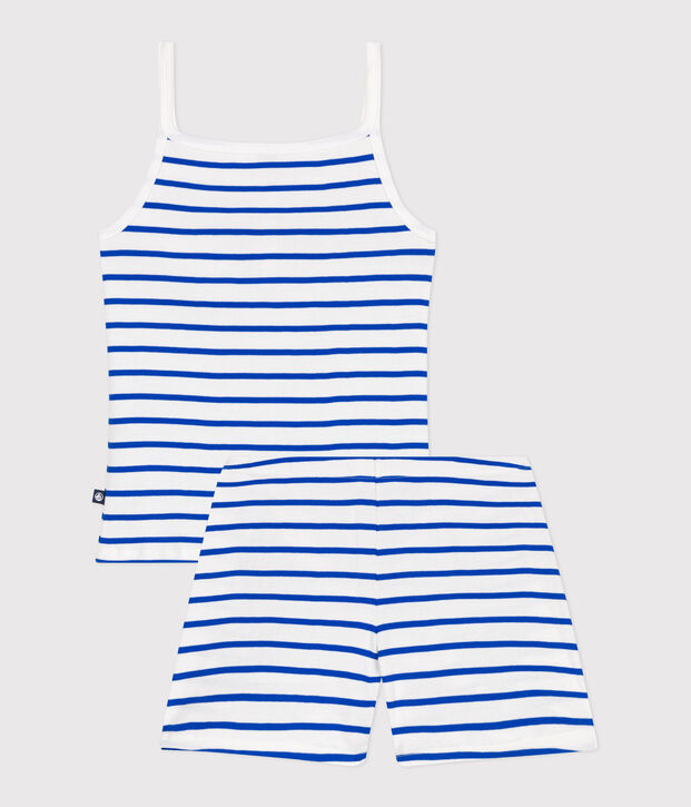 Damen-Kurzpyjama mit feinen Tr&auml;gern aus gestreifter Baumwolle weiss/blau