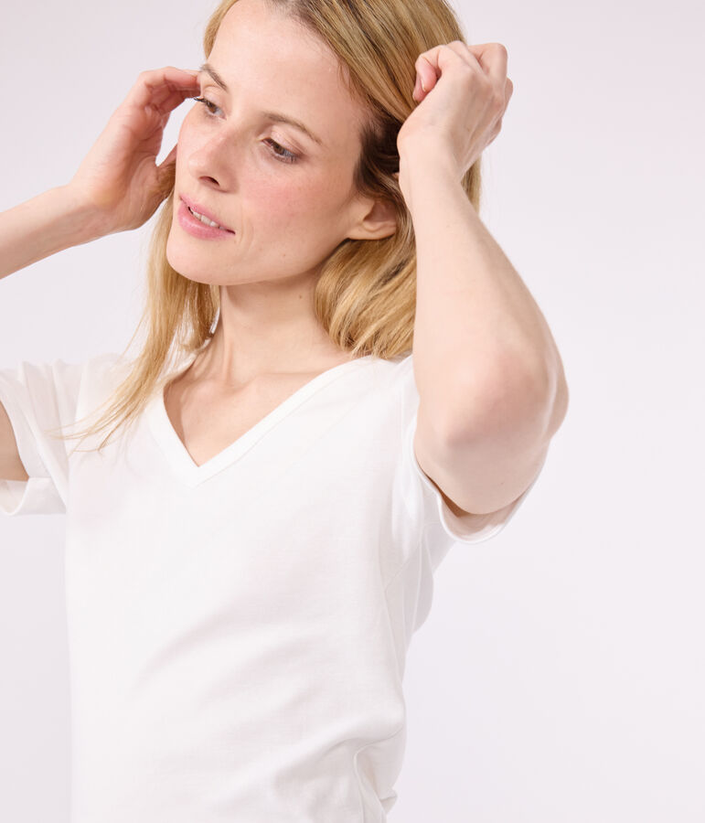 Kurz&auml;rmeliges Damen-T-Shirt L'ICONIQUE aus einfarbigem Rippstrick weiss ECUME