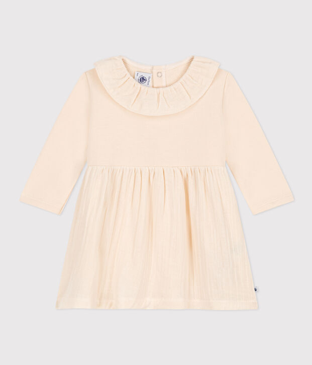 Lang&auml;rmeliges Babykleid aus zwei Materialien naturfarben