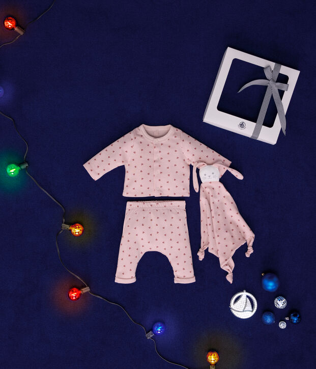 Baby-Set Cardigan, Hose und Kuscheltier aus Baumwolle rosa/rosa