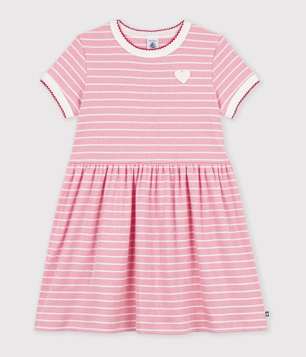 Kurz&auml;rmeliges Kinder-Kleid aus Baumwolle mit Streifen rosa/weiss