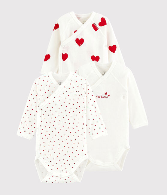 3er-Set langärmelige gekreuzte Baby-Bodys aus Bio-Baumwolle rote Herzchen variante 1