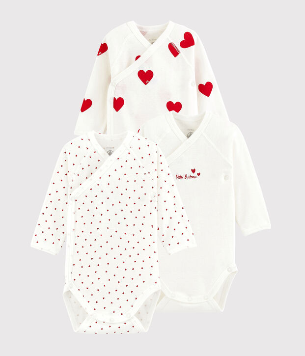 3er-Set lang&auml;rmelige gekreuzte Baby-Bodys aus Bio-Baumwolle rote Herzchen vielfarbig