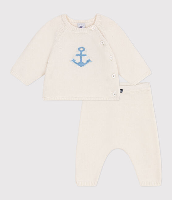 2-teiliges Baby-Set aus Woll- und Baumwollstrick mit Jacquardmuster weiss MARSHMALLOW
