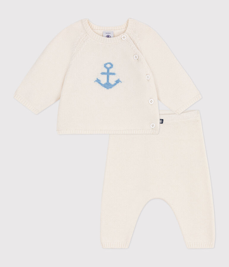 2-teiliges Baby-Set aus Woll- und Baumwollstrick mit Jacquardmuster weiss