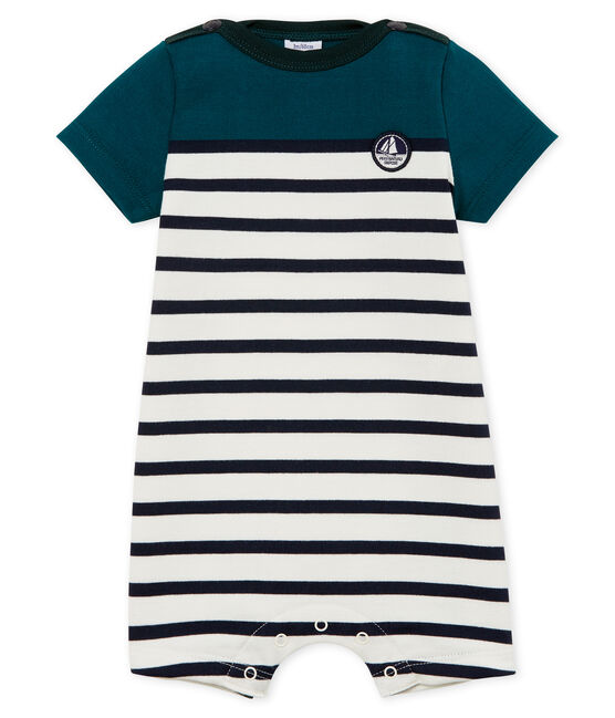 Gestreifter baby-kurzoverall aus schwerem jersey jungen grün PINEDE/weiss MARSHMALLOW/ SMOKING