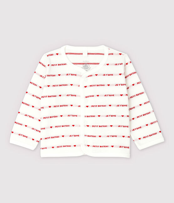 Petit Bateau Baby-Cardigan aus Bio-Baumwoll-Jacquard mit "Je t'aime"-Schriftzug weiss MARSHMALLOW/rot TERKUIT