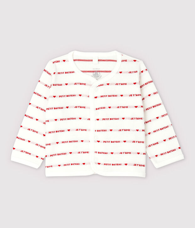 Petit Bateau Baby-Cardigan aus Bio-Baumwoll-Jacquard mit Je t'aime-Schriftzug weiss/rot