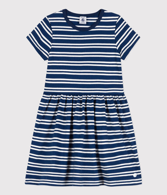 Gestreiftes Kinderkleid aus Baumwolle für Mädchen blau MEDIEVAL/weiss MARSHMALLOW