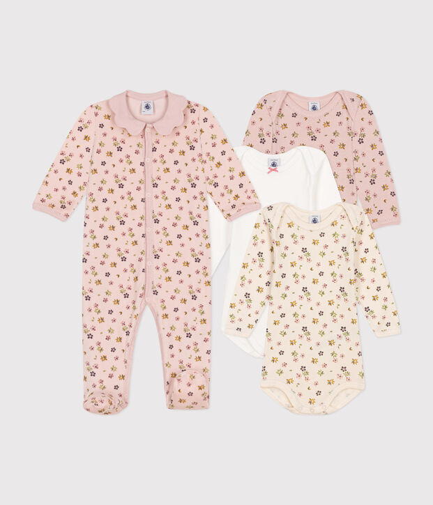 Baby-Set Strampler und 3 Bodys mit Blumenmotiv vielfarbig