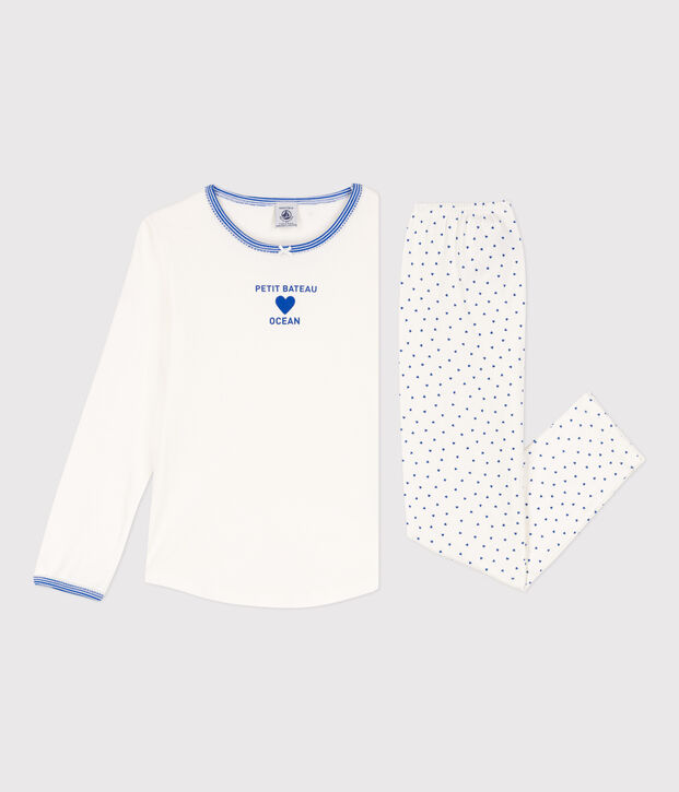 Kinderpyjama aus Baumwolle f&uuml;r M&auml;dchen weiss/blau