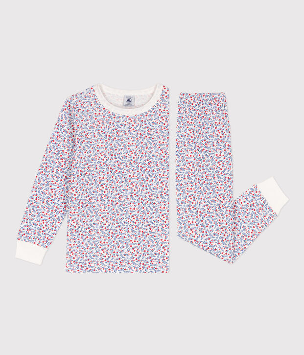 Kinderpyjama aus Baumwolle mit Blumen f&uuml;r M&auml;dchen weiss/vielfarbig