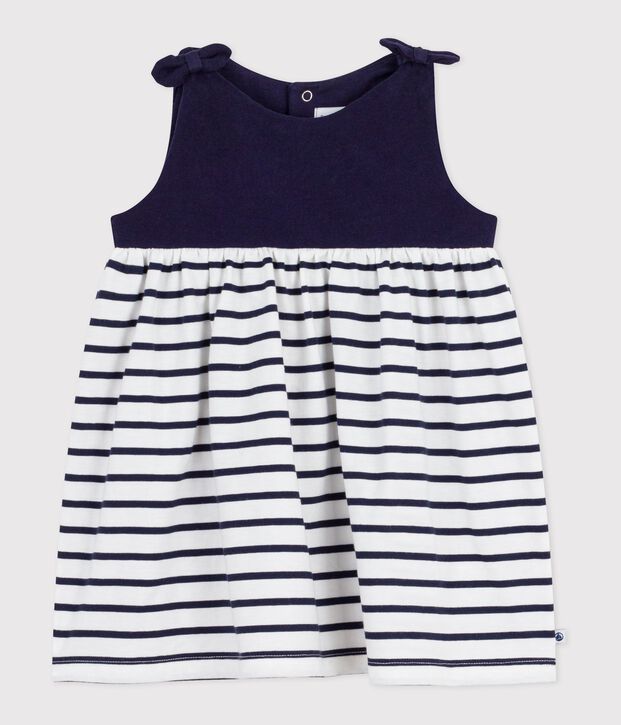 &Auml;rmelloses Baby-Kleid aus Baumwolle mit Streifen blau/weiss