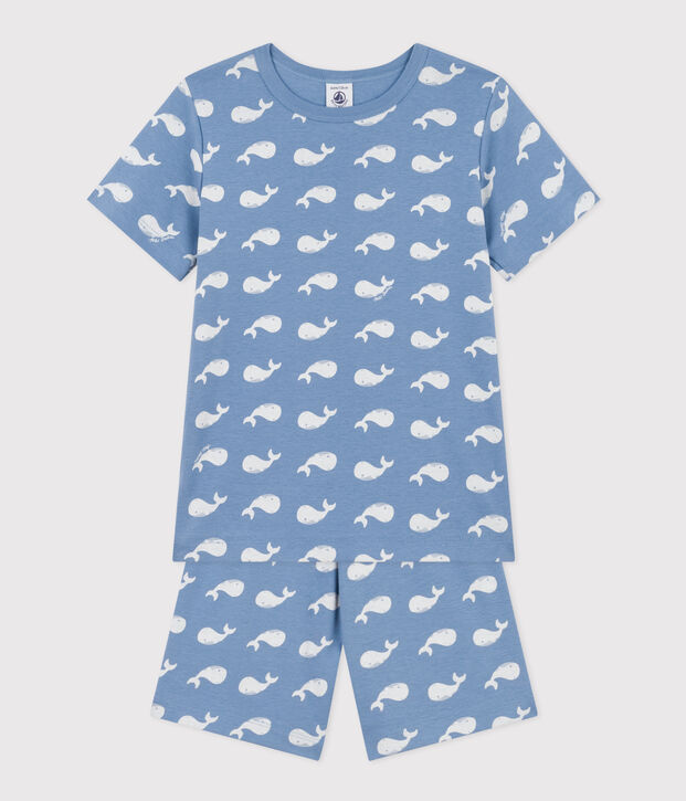 Kurzer Kinderpyjama aus Baumwolle mit Walmuster blau/weiss