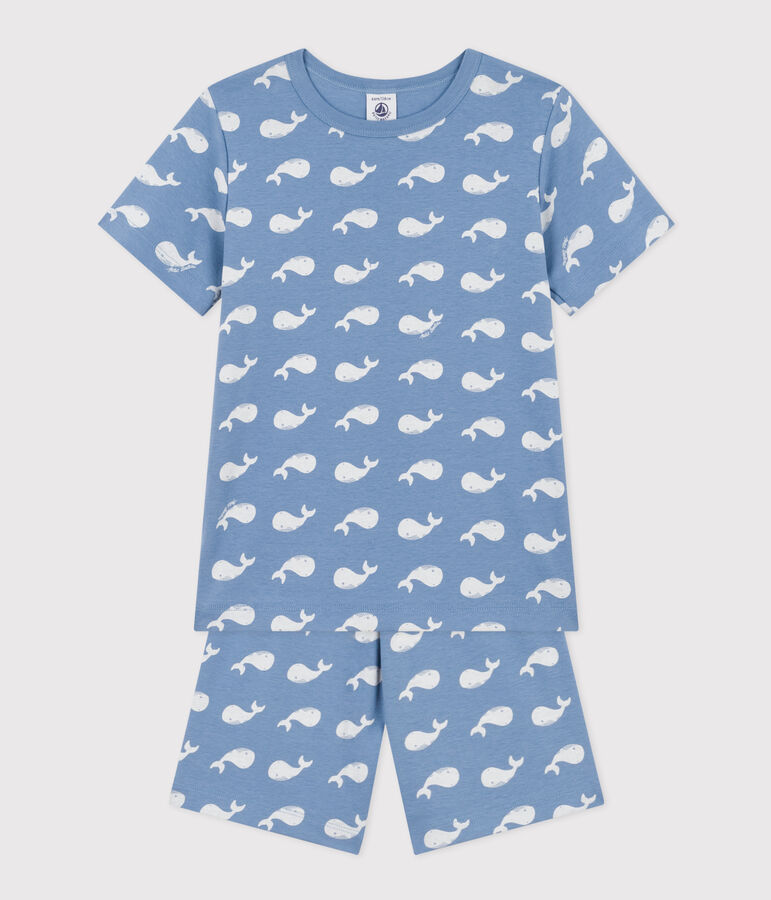 Kurzer Kinderpyjama aus Baumwolle mit Walmuster blau/weiss
