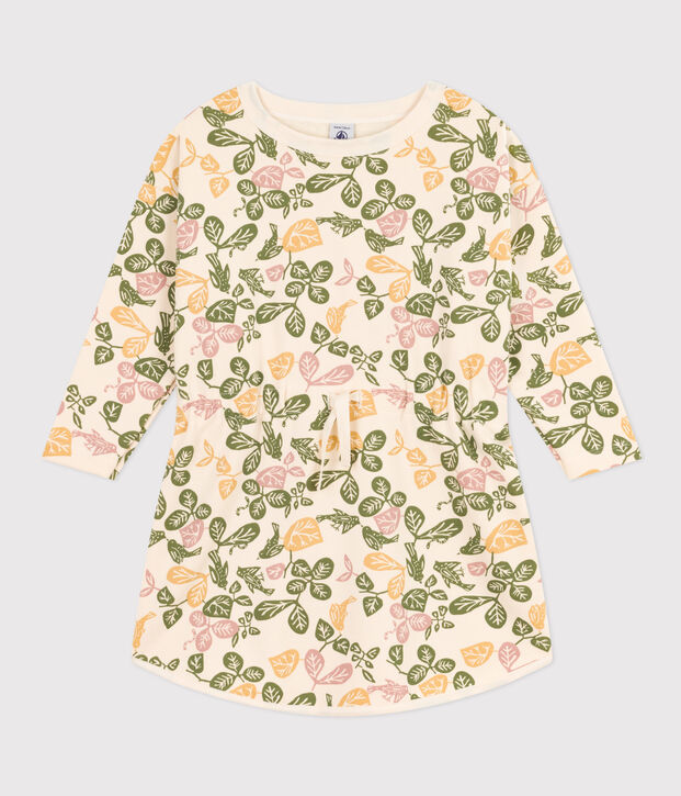 Lang&auml;rmeliges, bedrucktes M&auml;dchenkleid aus Molton naturfarben/rosa/vielfarbig