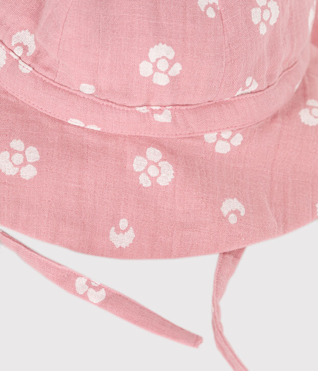 Baby-Sonnenhut f&uuml;r M&auml;dchen aus Musselin-Stoff mit rosa Blumen rosa/weiss
