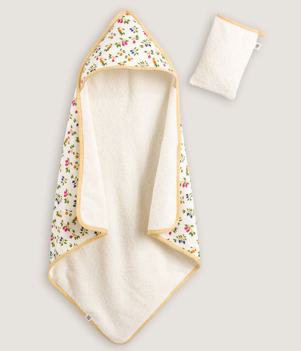 Baby-Badecape und Waschlappen mit Obstmotiv weiss/gelb/vielfarbig