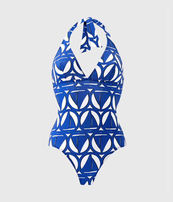 Bedruckter Damen-Badeanzug weiss MARSHMALLOW/blau PERSE/ MULTICO