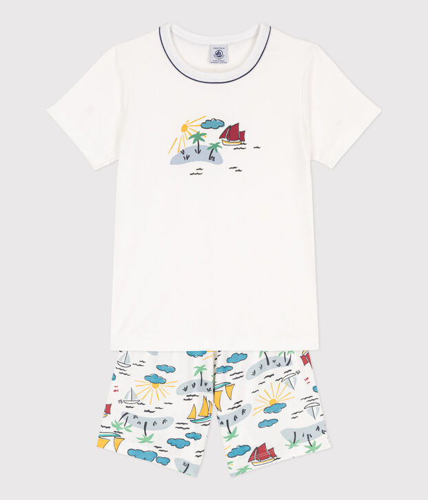 Kinder-Kurzpyjama f&uuml;r Entdecker aus Baumwolle weiss/vielfarbig