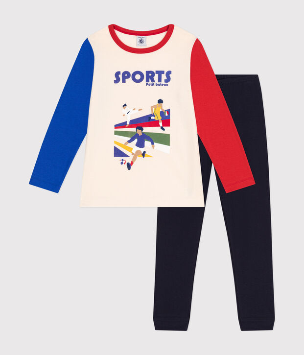 Kinder-Pyjama aus einfarbiger Baumwolle mit Sportmotiven blau/vielfarbig