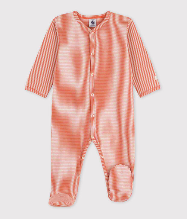 Baby-Strampler aus Baumwolle mit Ringelstreifen. rosa/weiss