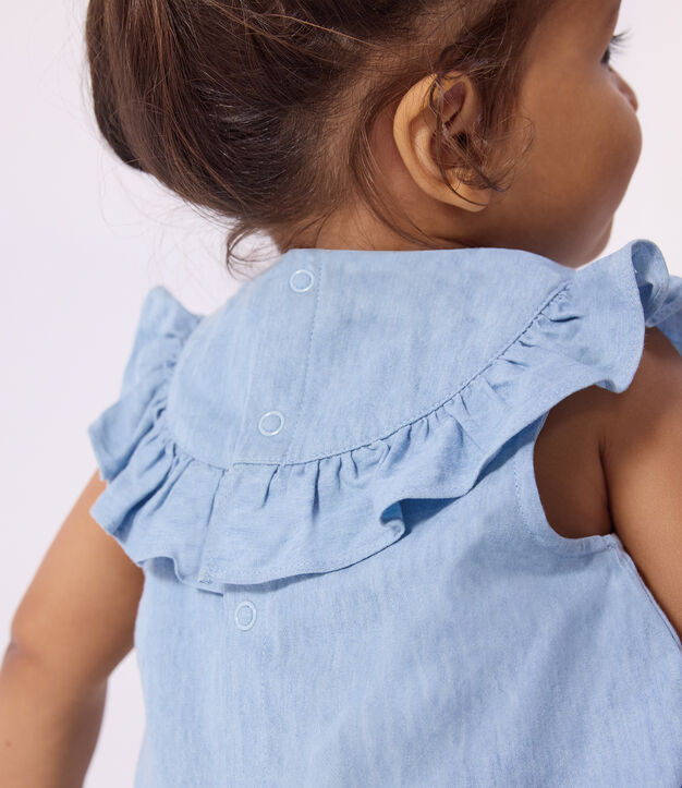 &Auml;rmellose Baby-Bluse aus besticktem Chambray-Baumwollstoff blau