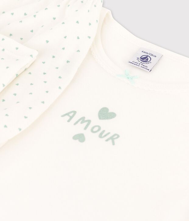 Kinderpyjama aus Baumwolle mit Herzchen f&uuml;r M&auml;dchen weiss/gr&uuml;n
