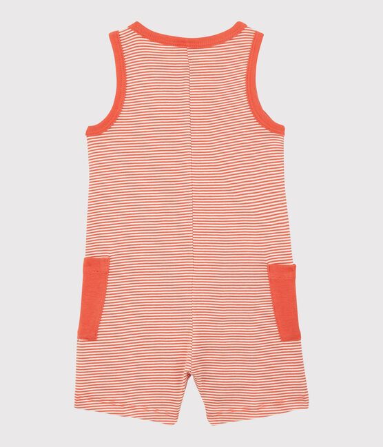 Gestreifter Baby-Kurzoverall aus Rippstrick für Jungen orange OURSIN/weiss MARSHMALLOW
