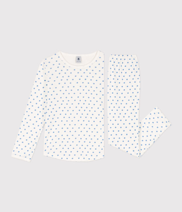 Kinderpyjama aus Baumwolle mit Polka-Dot-Muster f&uuml;r M&auml;dchen weiss/blau