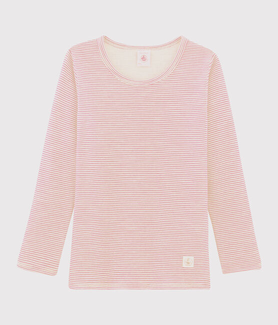 Langärmeliges T-Shirt aus Wolle und Baumwolle mit Ringelstreifen für Mädchen rosa CHARME/weiss MARSHMALLOW