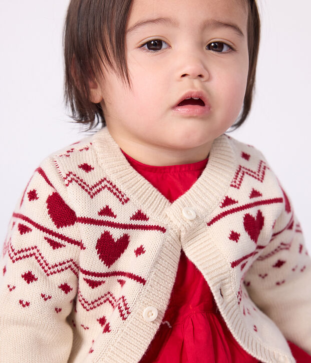Baby-Cardigan aus Woll- und Baumwollstrick mit Herzmotiv naturfarben/rot