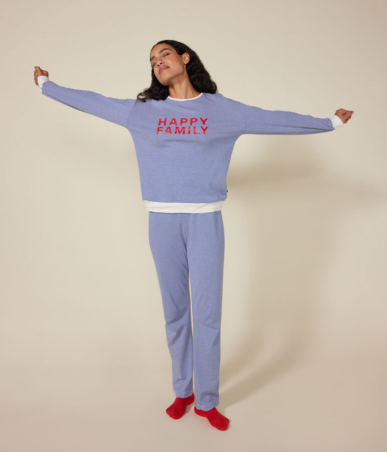 Damen-Pyjama aus gestreifter Baumwolle blau/weiss