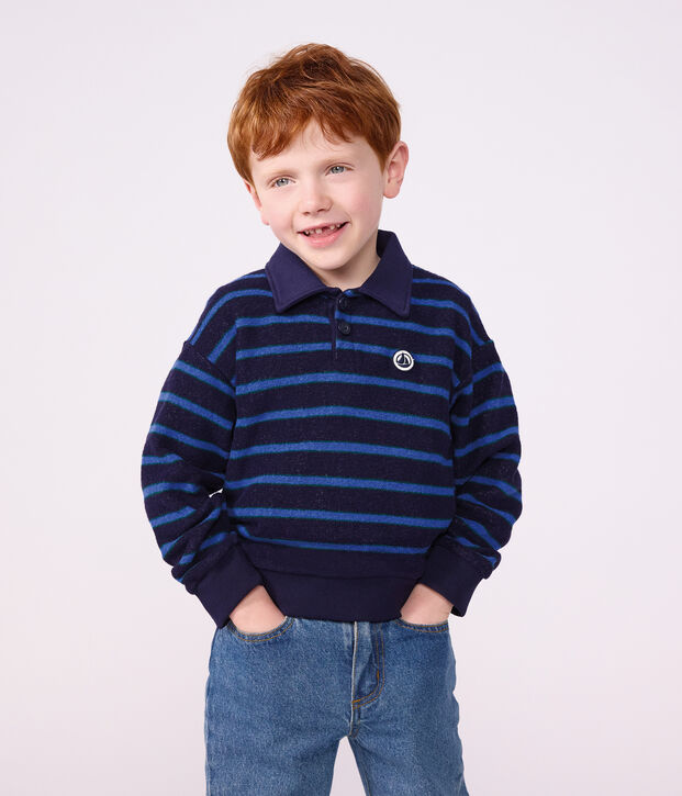 Kinder-Sweatshirt mit Polokragen aus Baumwolle mit Streifen blau/gr&uuml;n/blau