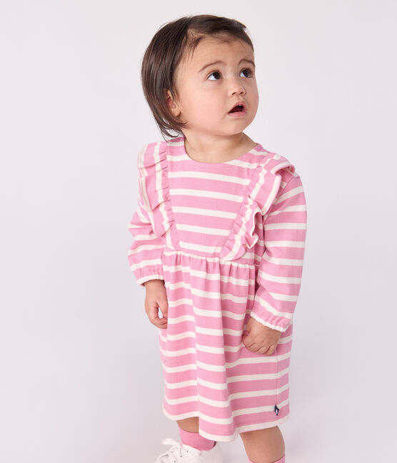 Langärmeliges Baby-Kleid aus Baumwolle mit Streifen rosa BOUDOIR/ MILK
