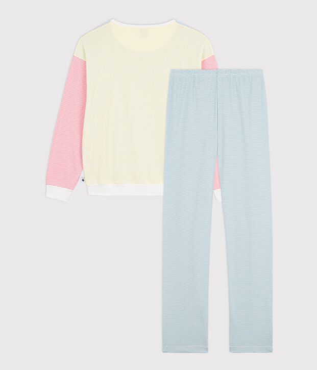 Damen-Pyjama aus Baumwolle mit Streifen weiss/vielfarbig