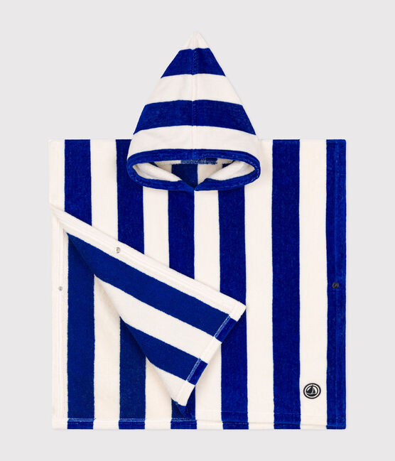 GESTREIFTER HANDTUCH-BADEPONCHO FÜR KINDER blau SURF/weiss MARSHMALLOW