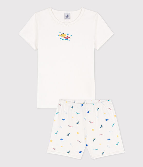 Kinder-Kurzpyjama aus Baumwolle mit Meerestier-Motiv für Mädchen weiss MARSHMALLOW/weiss MULTICO