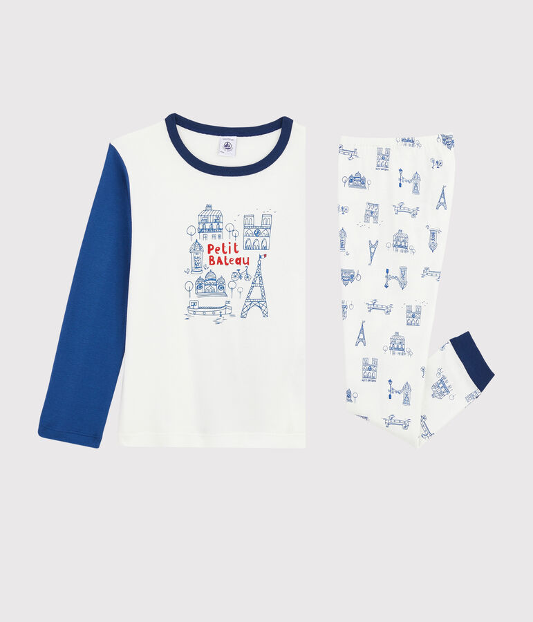 Kinderpyjama aus Rippstrick mit Paris-Aufdruck f&uuml;r Jungen weiss MARSHMALLOW/blau BLEU/ MULTICO