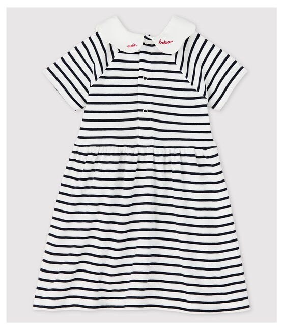 Kurzärmeliges gestreiftes Babykleid aus Rippstrick für Mädchen weiss MARSHMALLOW/blau SMOKING