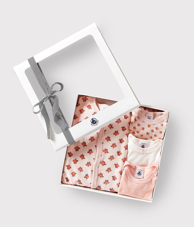 Baby-Geschenkset aus 1 Strampler und 3 Bodys mit Blumenmuster vielfarbig