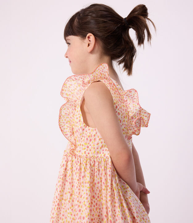 &Auml;rmelloses Kinder-Kleid mit freiem R&uuml;cken aus gemusterter Baumwolle weiss/vielfarbig