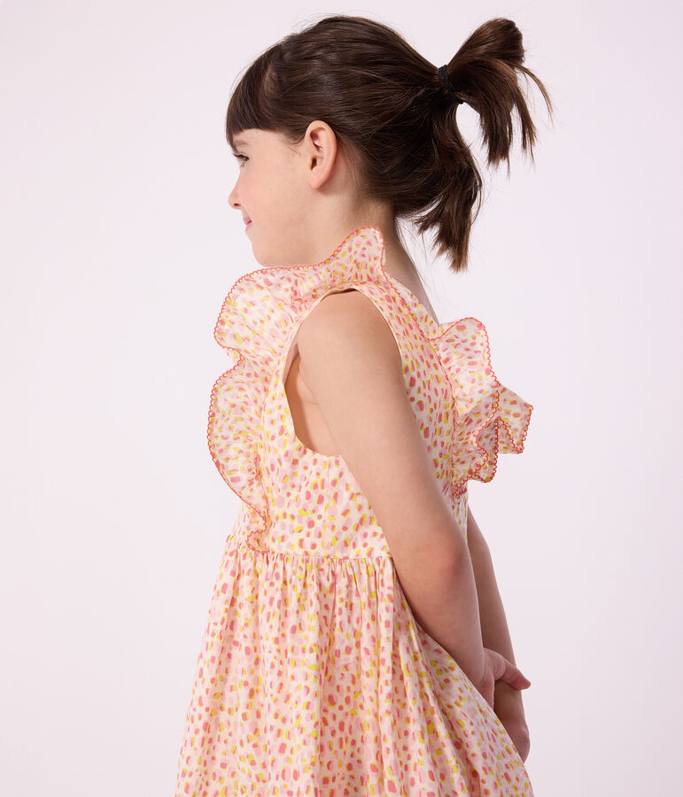 &Auml;rmelloses Kinder-Kleid mit freiem R&uuml;cken aus gemusterter Baumwolle weiss/vielfarbig