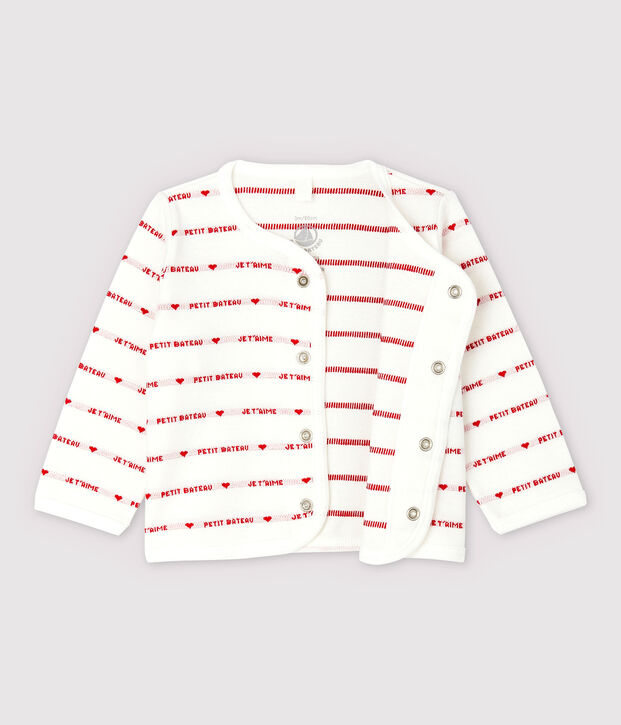 Petit Bateau Baby-Cardigan aus Bio-Baumwoll-Jacquard mit Je t'aime-Schriftzug weiss/rot