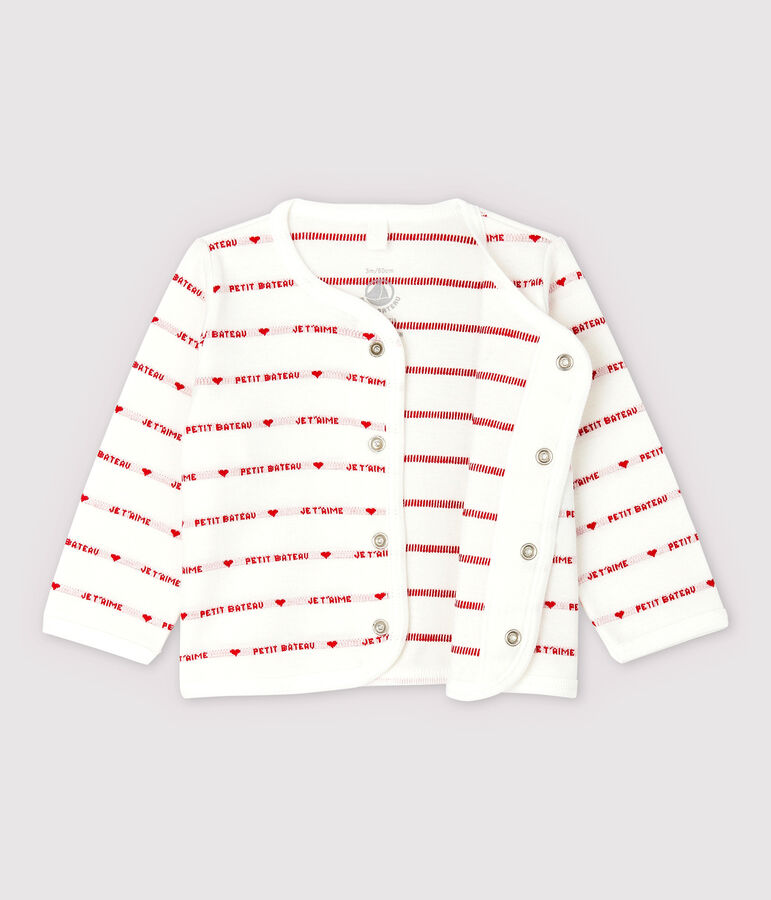Petit Bateau Baby-Cardigan aus Bio-Baumwoll-Jacquard mit Je t'aime-Schriftzug weiss/rot