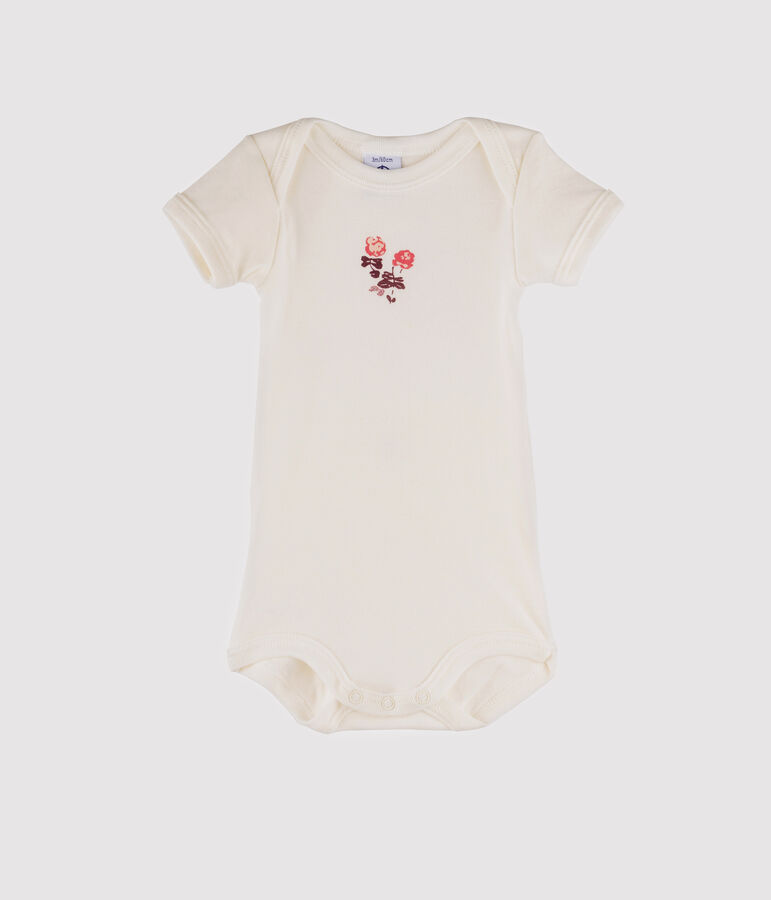 Kurz&auml;rmeliger Baby-Body f&uuml;r M&auml;dchen weiss MARSHMALLOW/rosa FLASHY