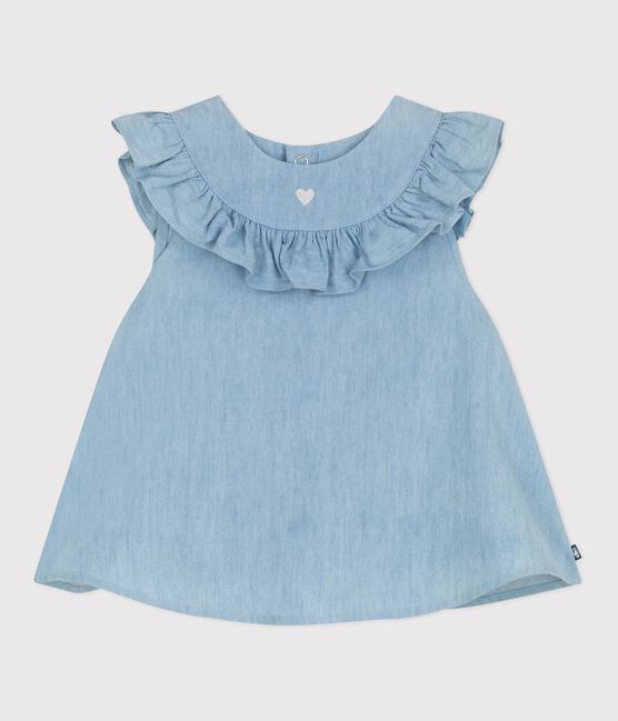 Ärmellose Baby-Bluse aus besticktem Chambray-Baumwollstoff blau BLEU CLAIR
